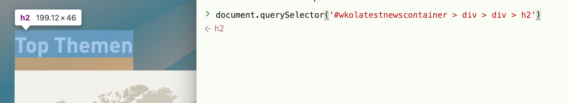 Die Entwickler-Tools von Chrome zeigen das fehlerhafte Element mit dem geringen Kontrast an. Im rechten Bereich sieht man die DevTools Konsole, wo der JavaScript-Befehl eingegeben wurde, um das Element zu selektieren. Links sieht man den Browser, der das ausgewählte Element hervorhebt.